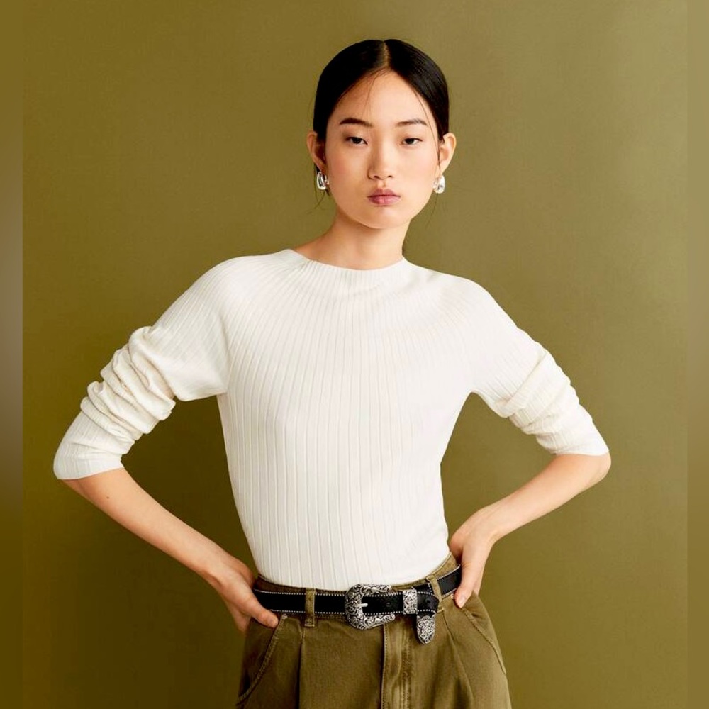 Mango White Ribbed Knit Sweater (S)